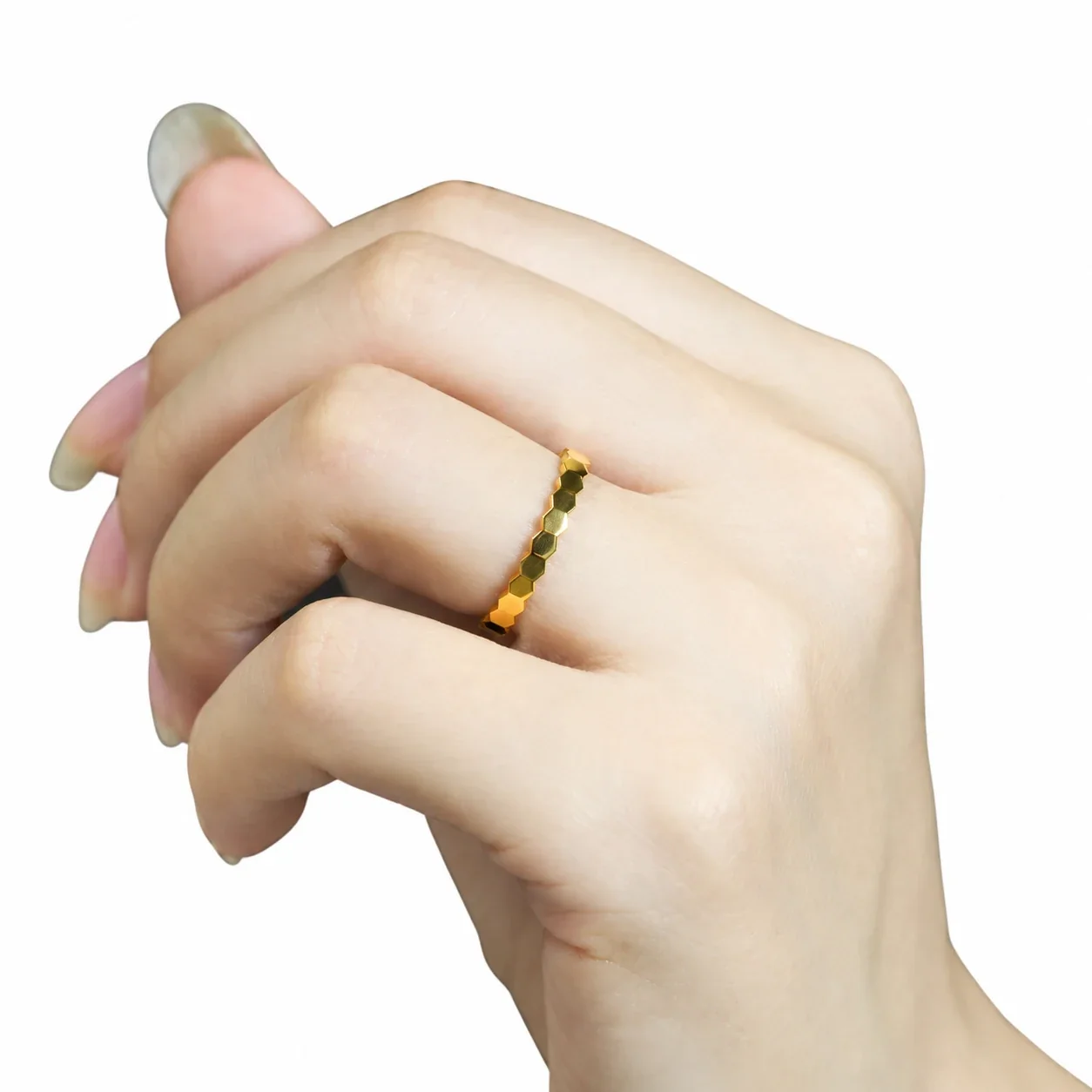 Stacking Ring with Faceted Hexagon Band, 18K Gold-Plated Steel - Gold