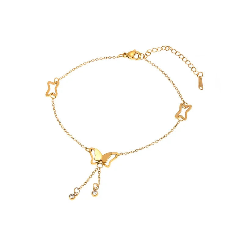 Anklet with Butterfly Tassel & Crystals, Gold-Plated Steel