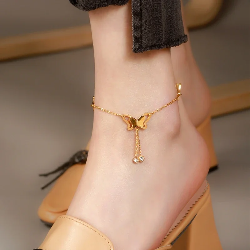Anklet with Butterfly Tassel & Crystals, Gold-Plated Steel