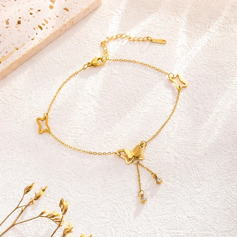 Anklet with Butterfly Tassel & Crystals, Gold-Plated Steel