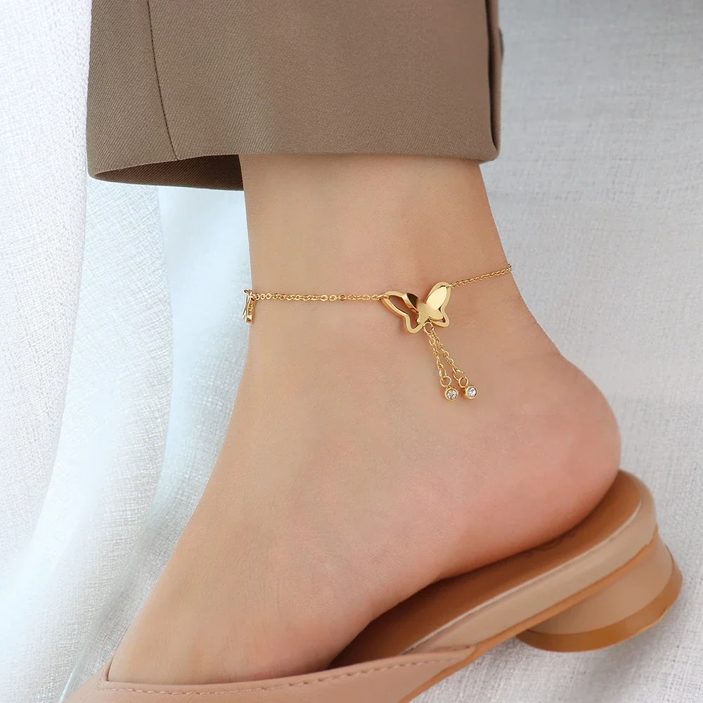 Anklet with Butterfly Tassel & Crystals, Gold-Plated Steel