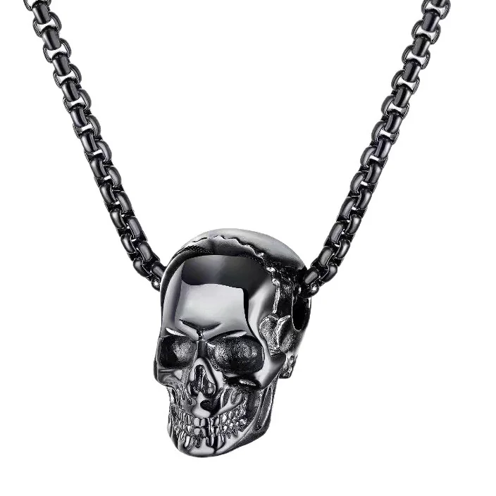Gothic Black-Plated Skull Box Chain Pendant Necklace