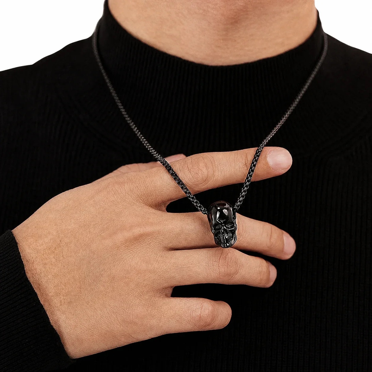 Gothic Black-Plated Skull Box Chain Pendant Necklace