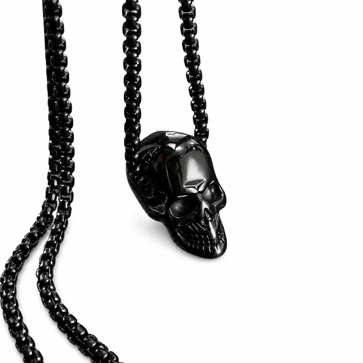 Gothic Black-Plated Skull Box Chain Pendant Necklace