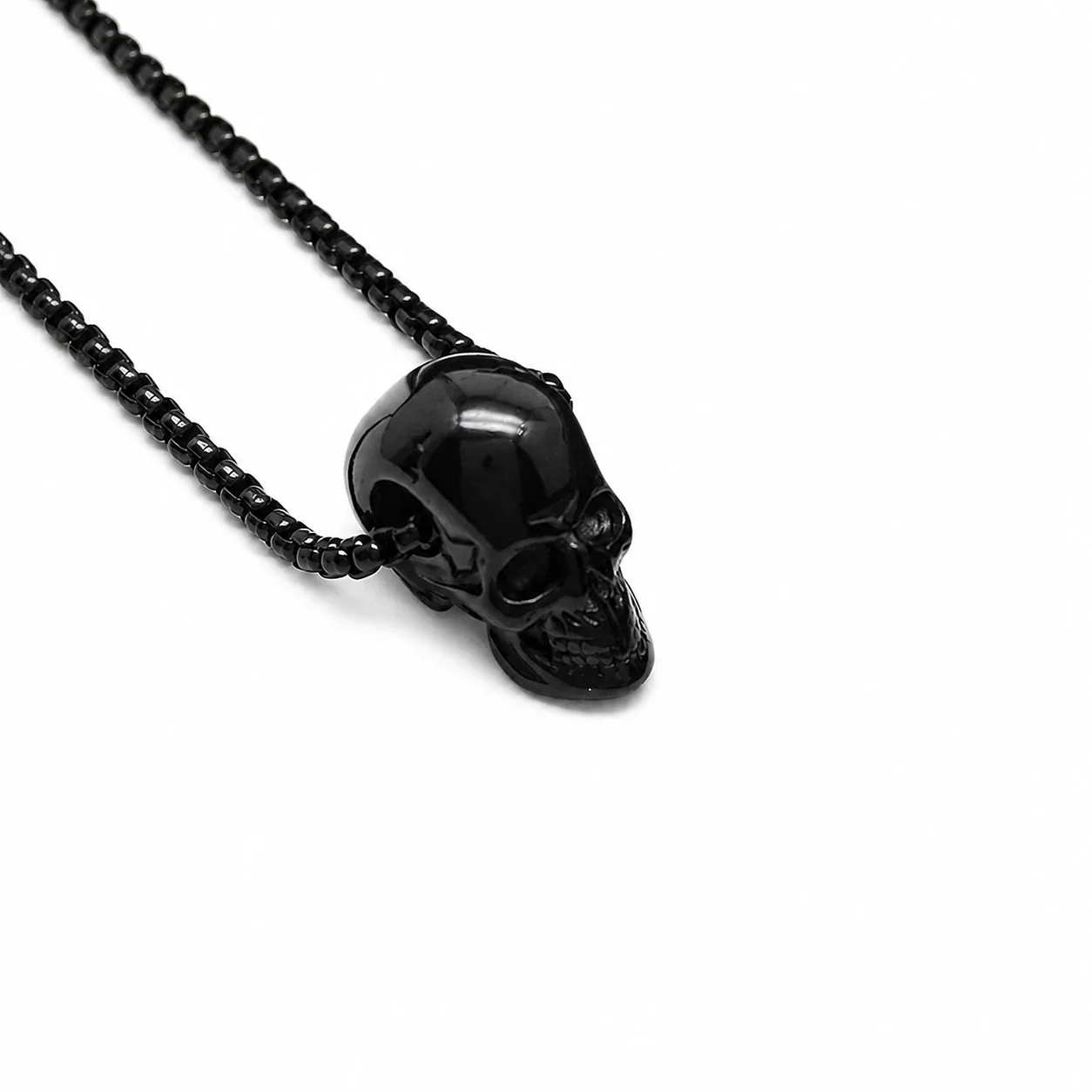 Gothic Black-Plated Skull Box Chain Pendant Necklace
