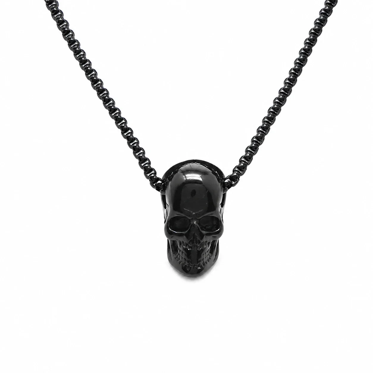 Gothic Black-Plated Skull Box Chain Pendant Necklace