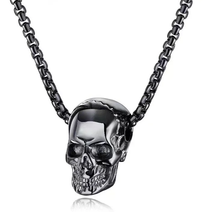 Gothic Black-Plated Skull Box Chain Pendant Necklace - Black