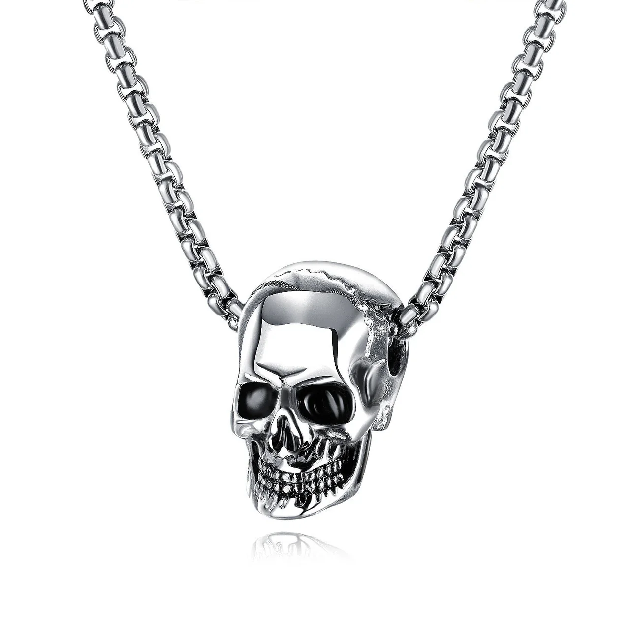 Gothic Black-Plated Skull Box Chain Pendant Necklace - Silver