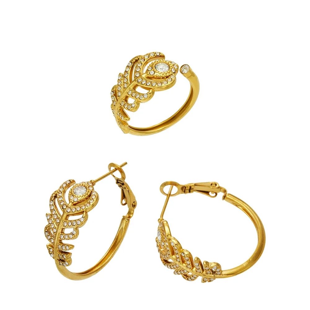 Conjunto de Anel e Brincos de Argola com Pena, Aço Inoxidável 316 Banhado a Ouro