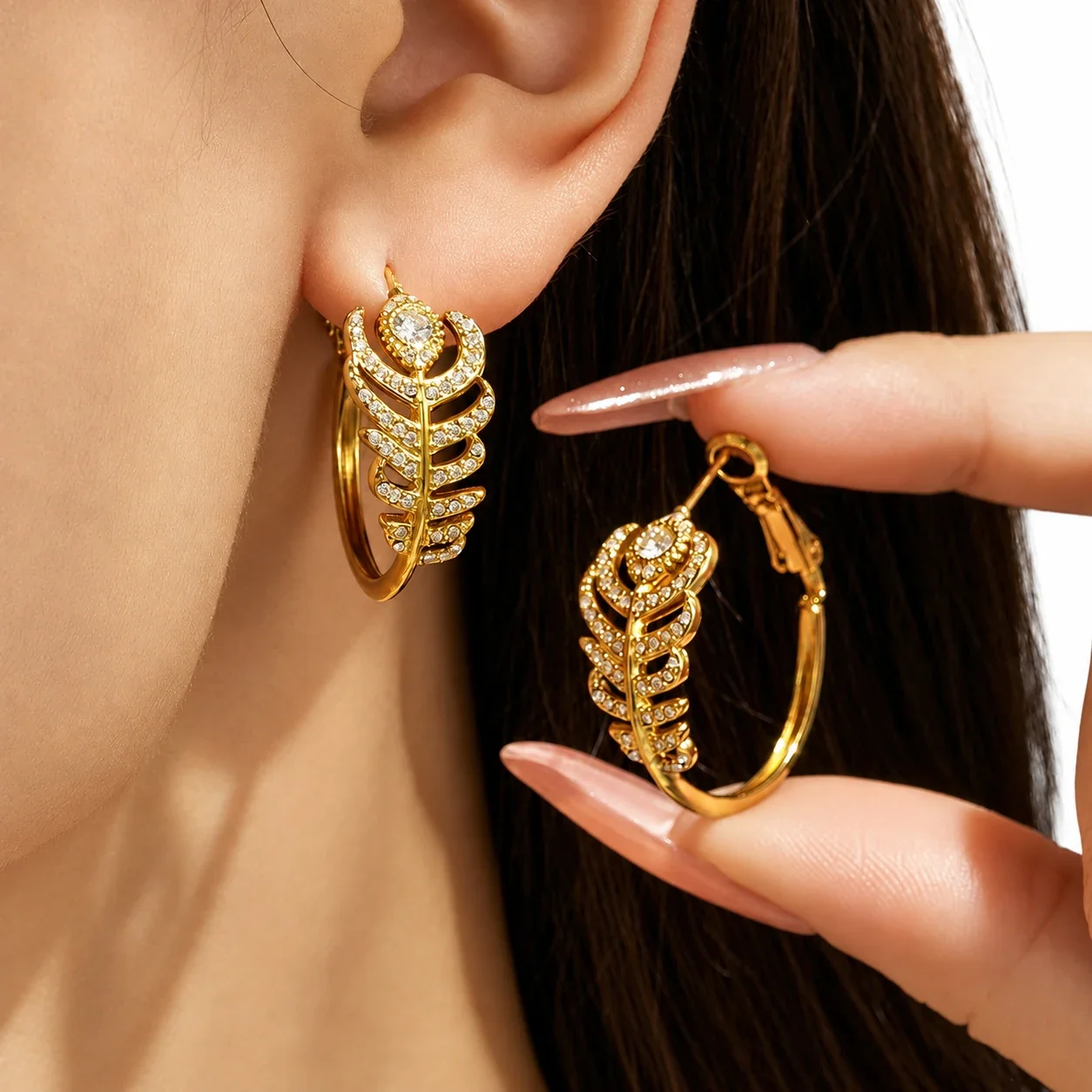 Feather Ring & Hoop Earring Set, Gold-Plated 316 Stainless Steel