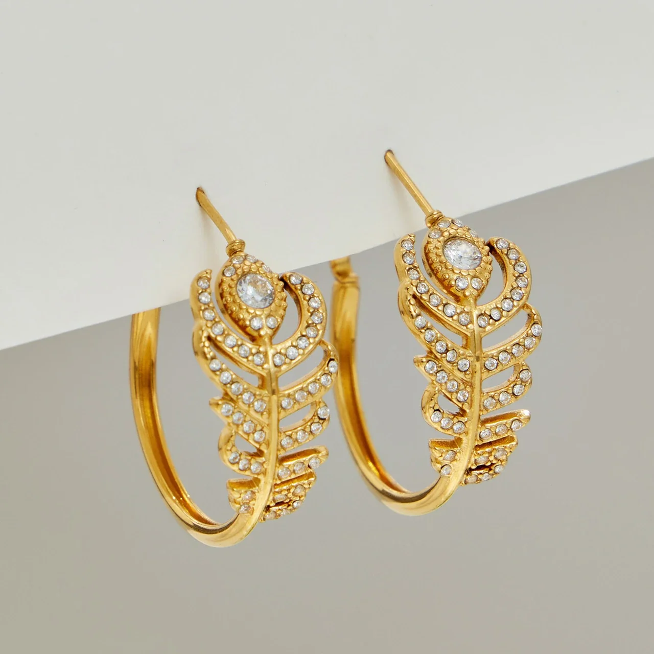 Feather Ring & Hoop Earring Set, Gold-Plated 316 Stainless Steel