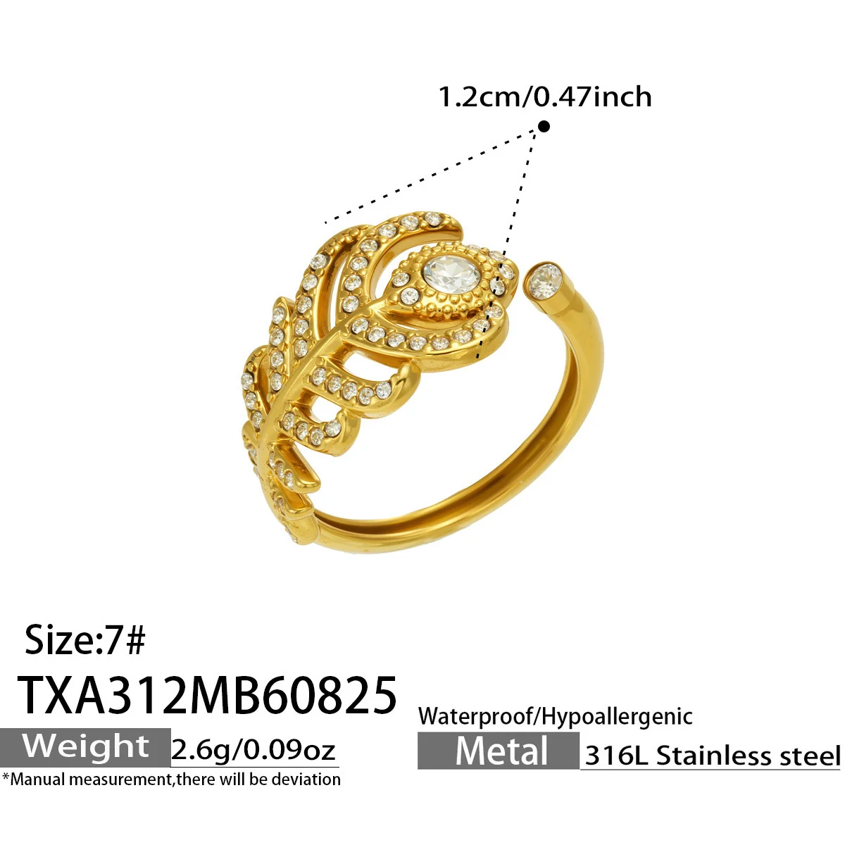 Feather Ring & Hoop Earring Set, Gold-Plated 316 Stainless Steel - Dimensions