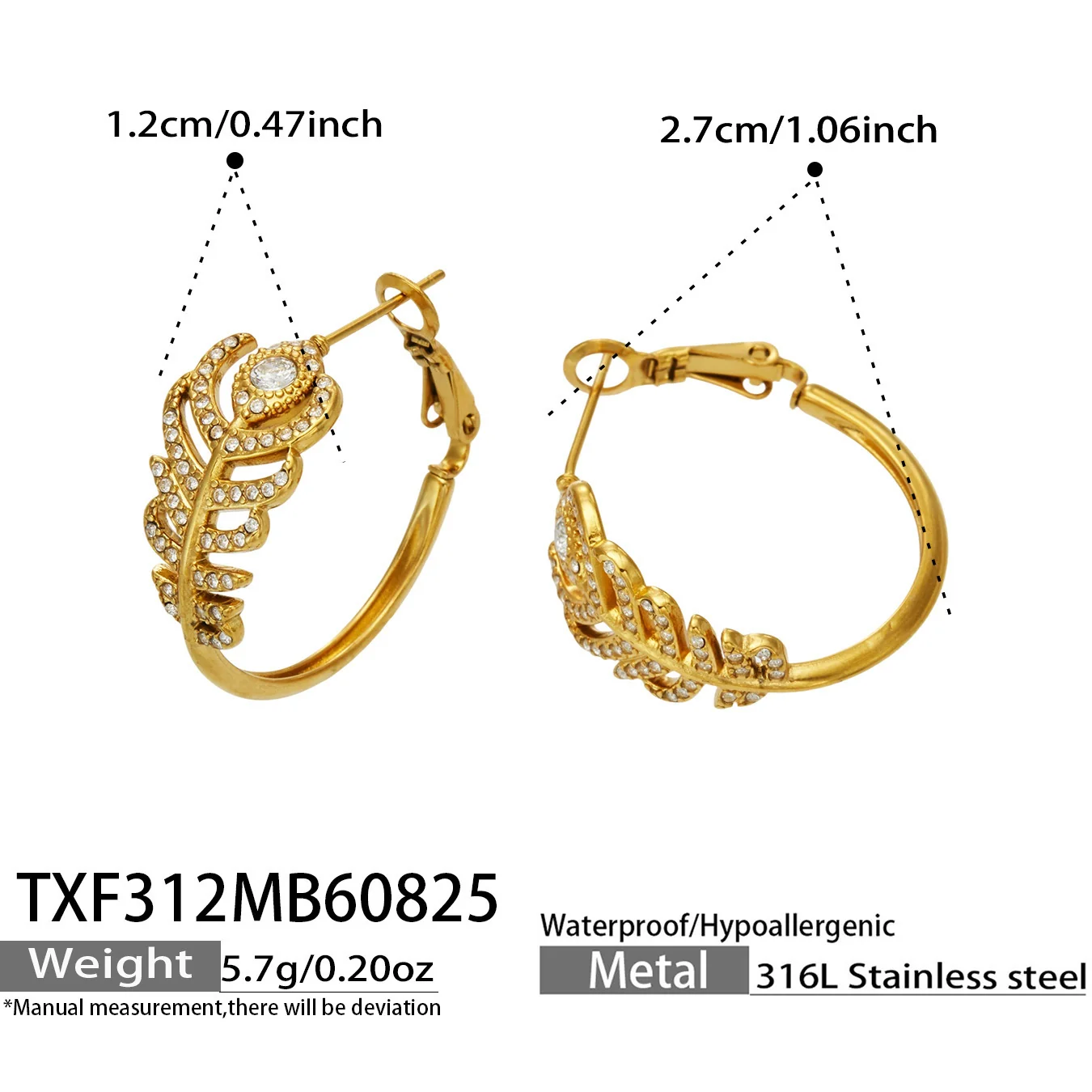 Feather Ring & Hoop Earring Set, Gold-Plated 316 Stainless Steel - Dimensions