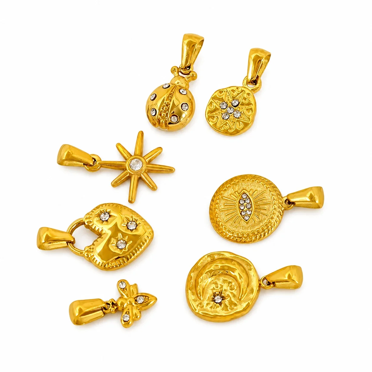 Eclectic Gold-Plated Stainless Steel Mixed-Motif CZ Pendant