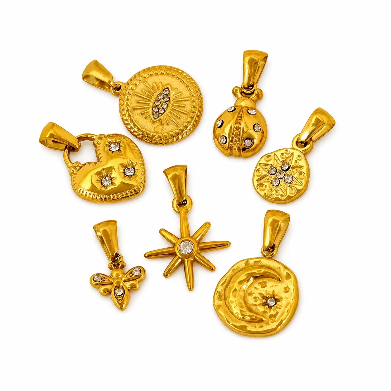 Eclectic Gold-Plated Stainless Steel Mixed-Motif CZ Pendant