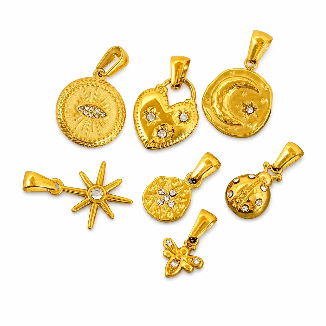 Eclectic Gold-Plated Stainless Steel Mixed-Motif CZ Pendant