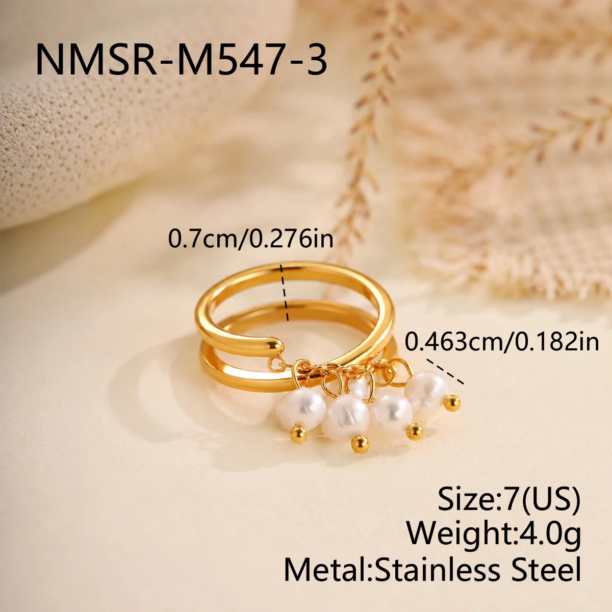 Open ring met vijf parelhangers, verguld roestvrij staal productfoto