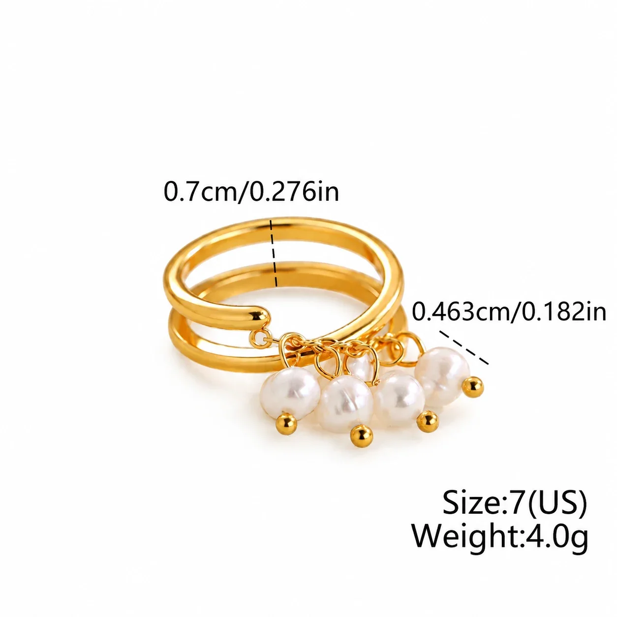 Open ring met vijf parelhangers, verguld roestvrij staal productfoto