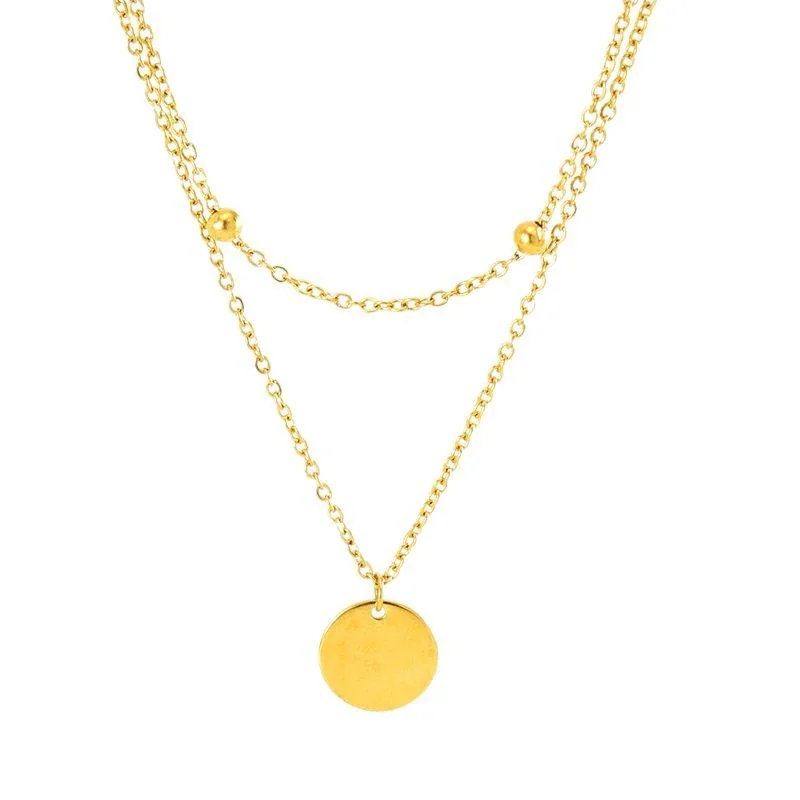 Collana donna in acciaio con ciondolo a disco e dettagli perlati a strati, placcatura oro 18K