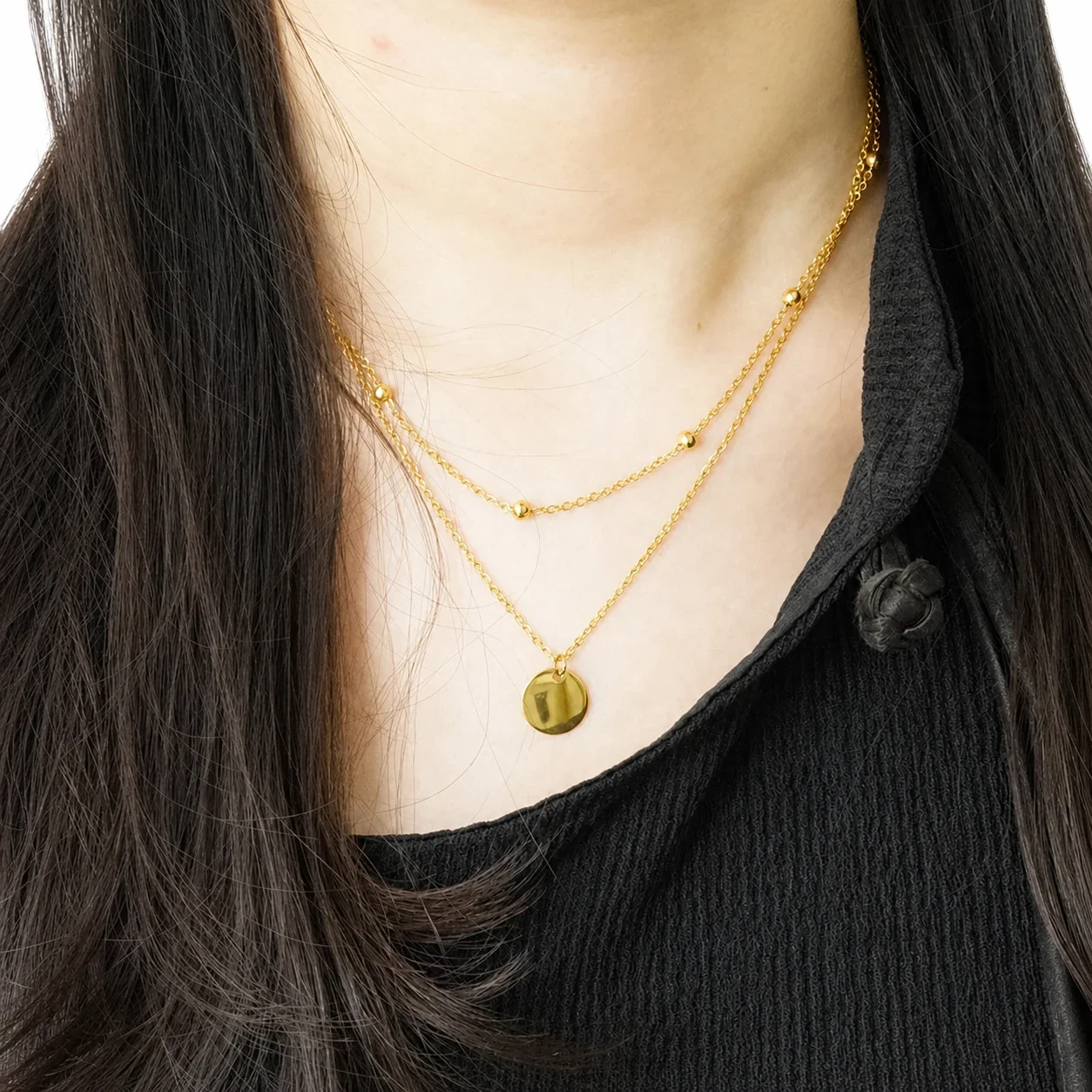 Refined 18K Gold-Plated Layered Bead Disc Necklace