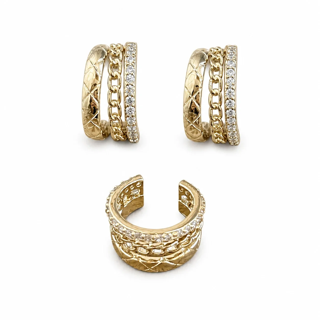 Quilted Gold PVD 316 Stainless Steel Chain Pavé Ear Cuff