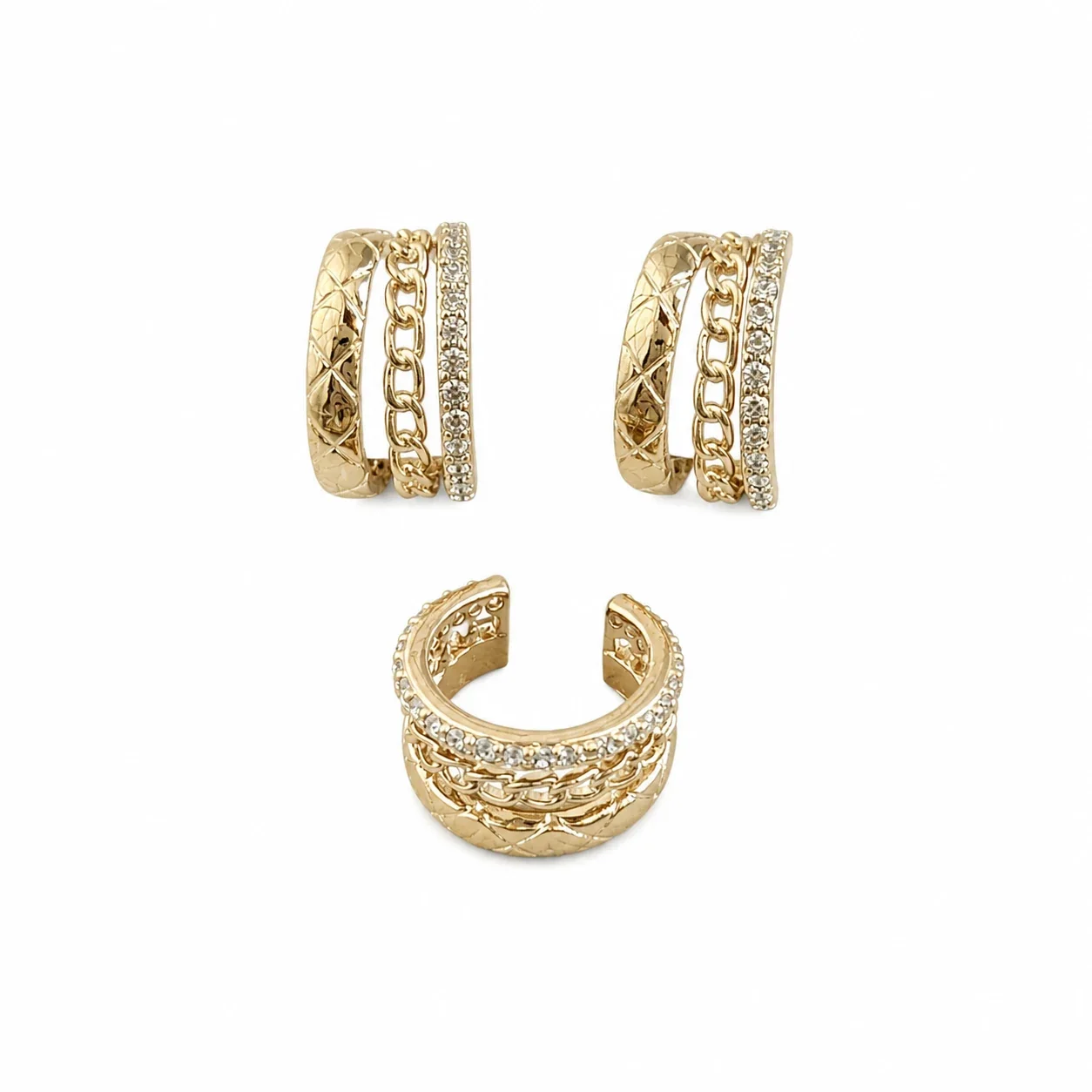 Quilted Gold-Plated 316 Steel Chain Pavé Ear Cuff