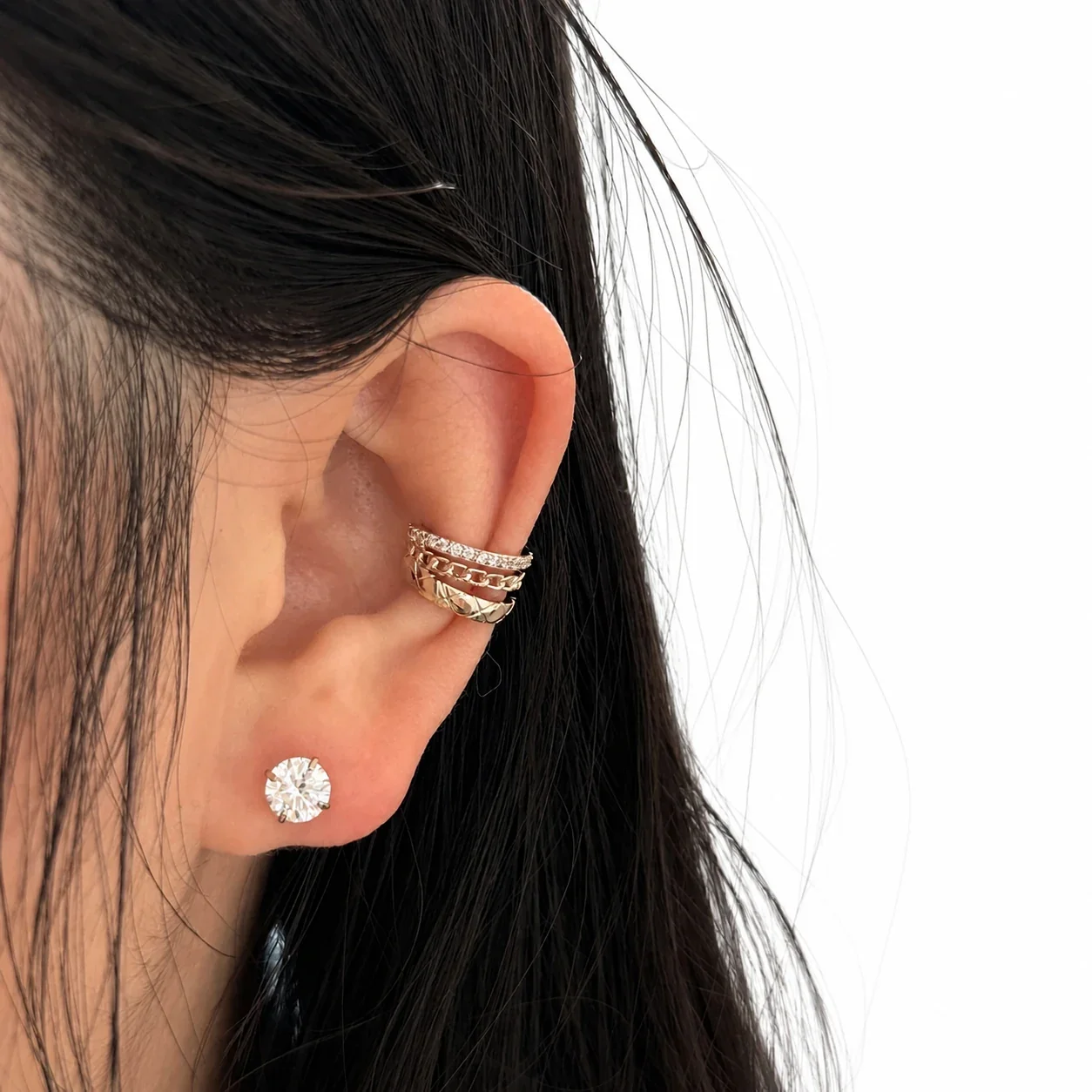 Quilted Gold-Plated 316 Steel Chain Pavé Ear Cuff