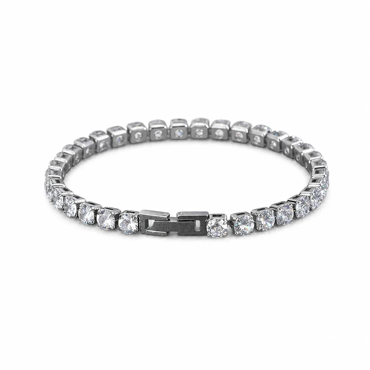 Iced Stainless Steel Round CZ Box Tennis Bracelet - Silver Clear CZ 3 mm