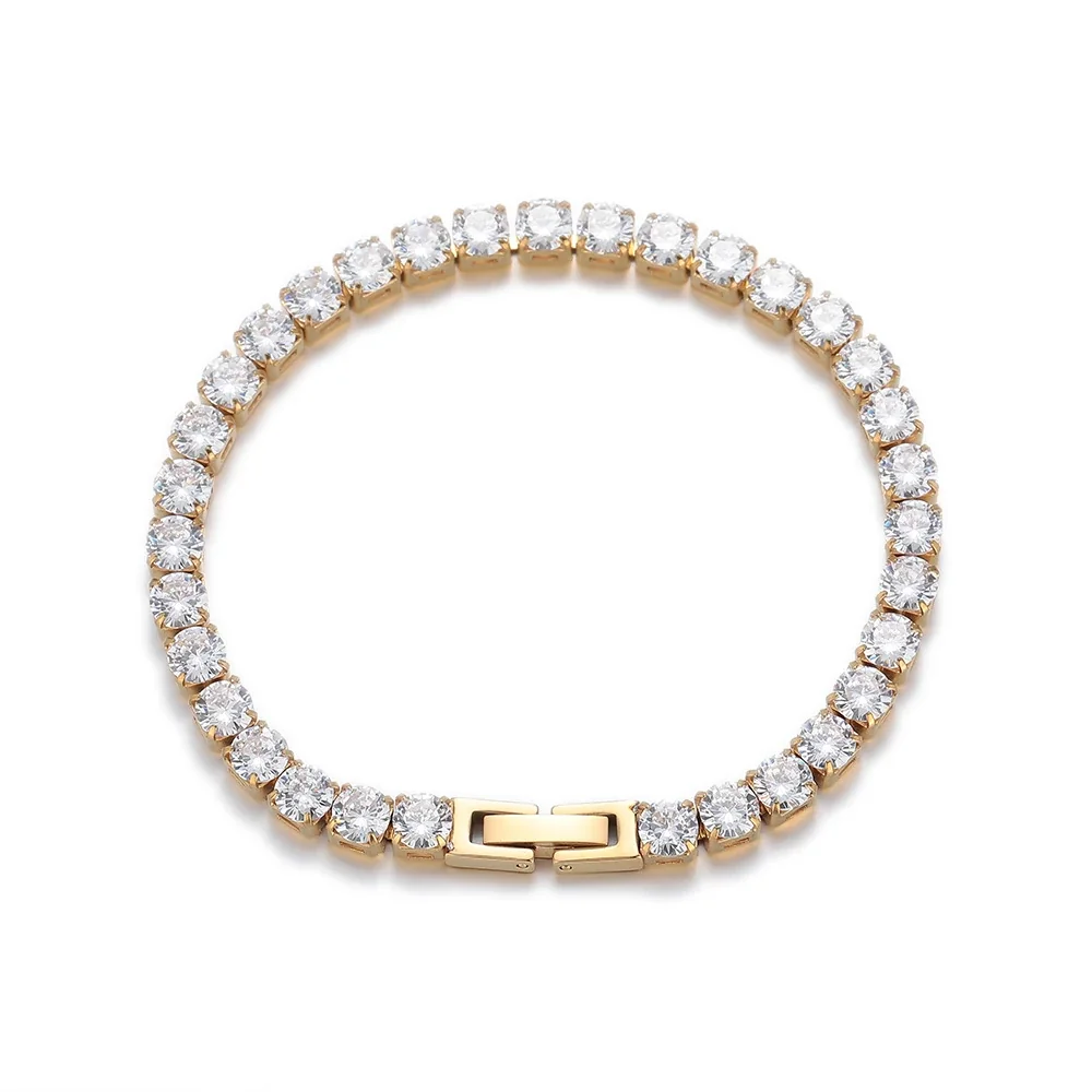 Iced Stainless Steel Round CZ Box Tennis Bracelet - Gold Clear CZ 5 mm