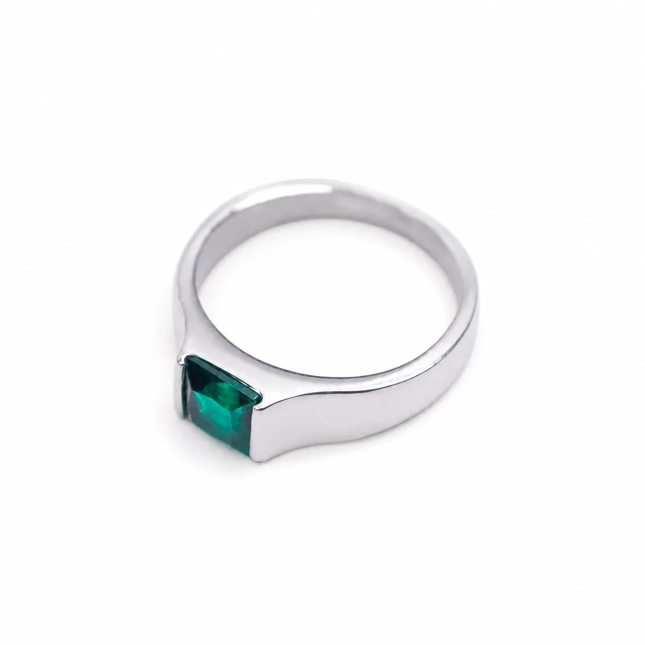 Polished 316 Stainless Steel Square Stone Signet Ring - Green