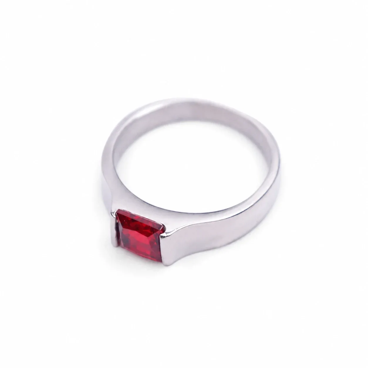 Polished 316 Stainless Steel Square Stone Signet Ring - Red