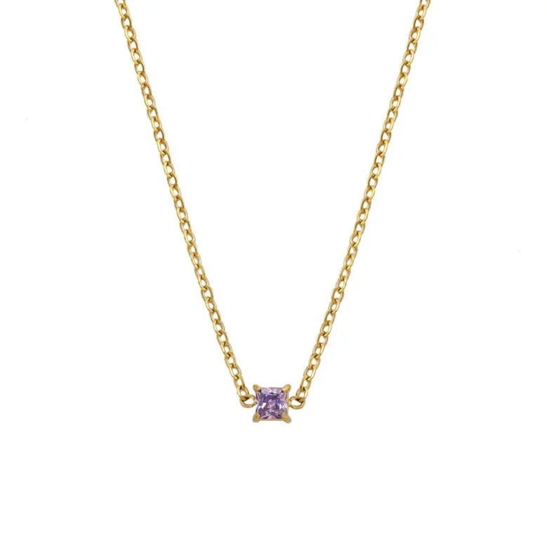 Pendant Necklace Square-Cut CZ 18K Gold-Plated Steel