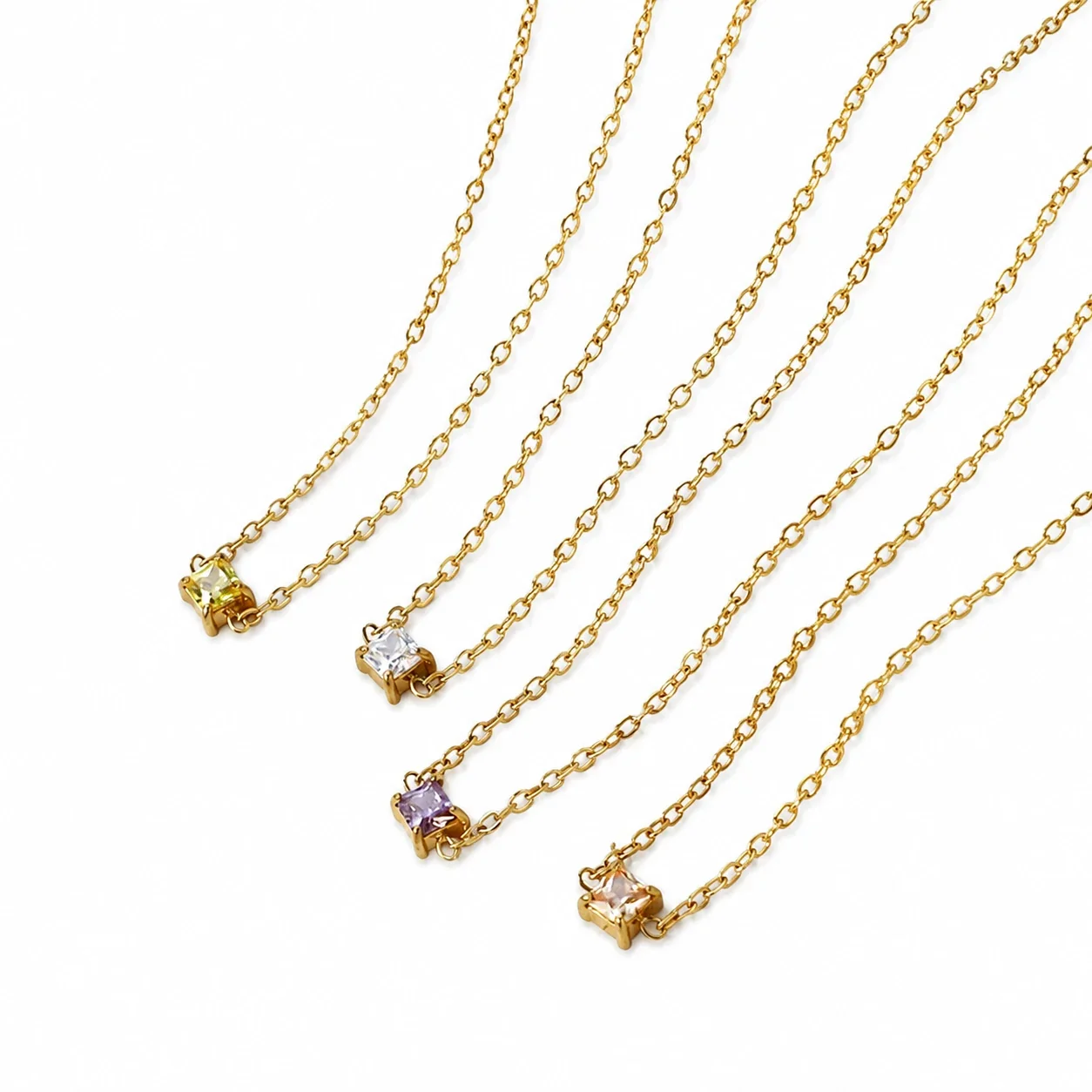 Pendant Necklace Square-Cut CZ 18K Gold-Plated Steel