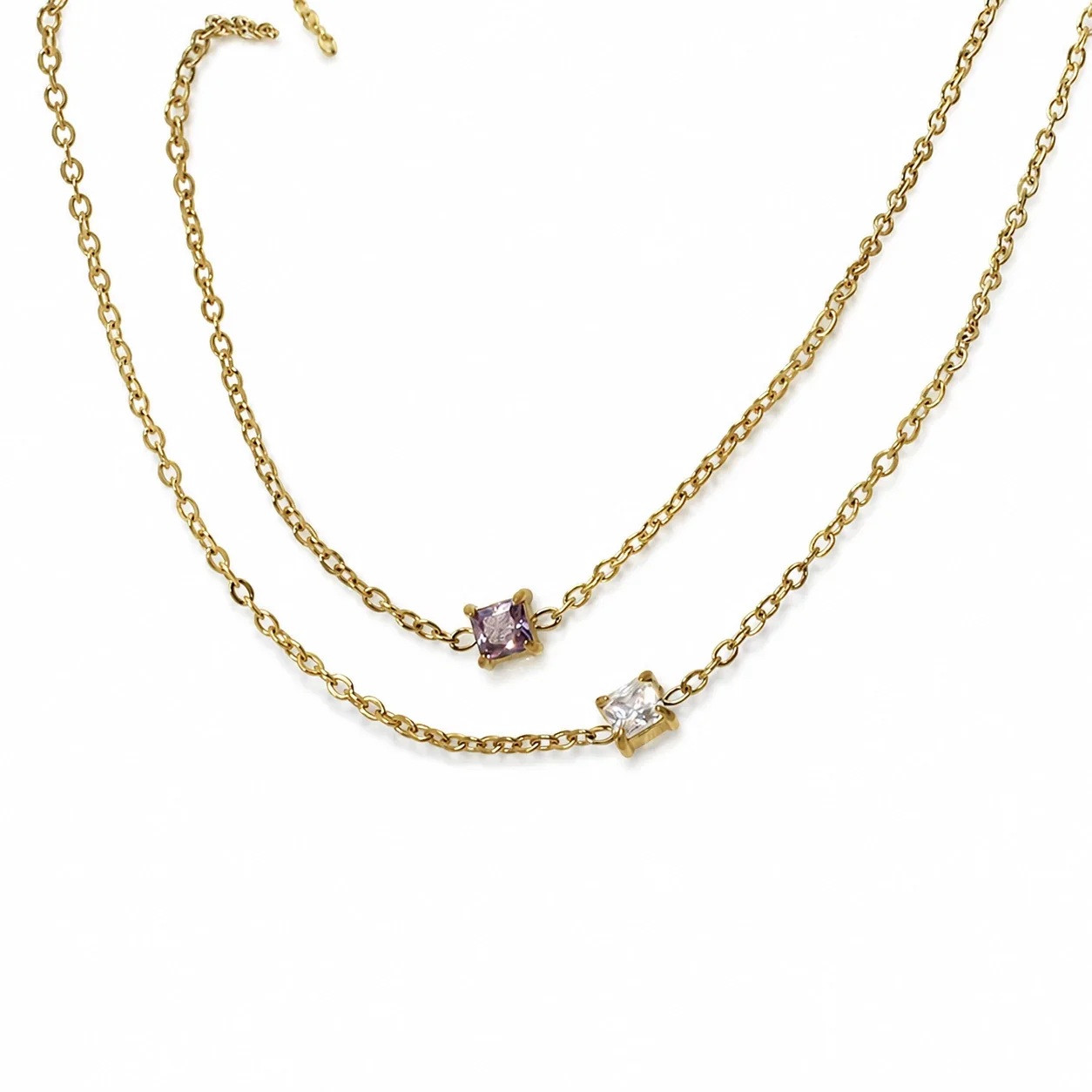 Pendant Necklace Square-Cut CZ 18K Gold-Plated Steel