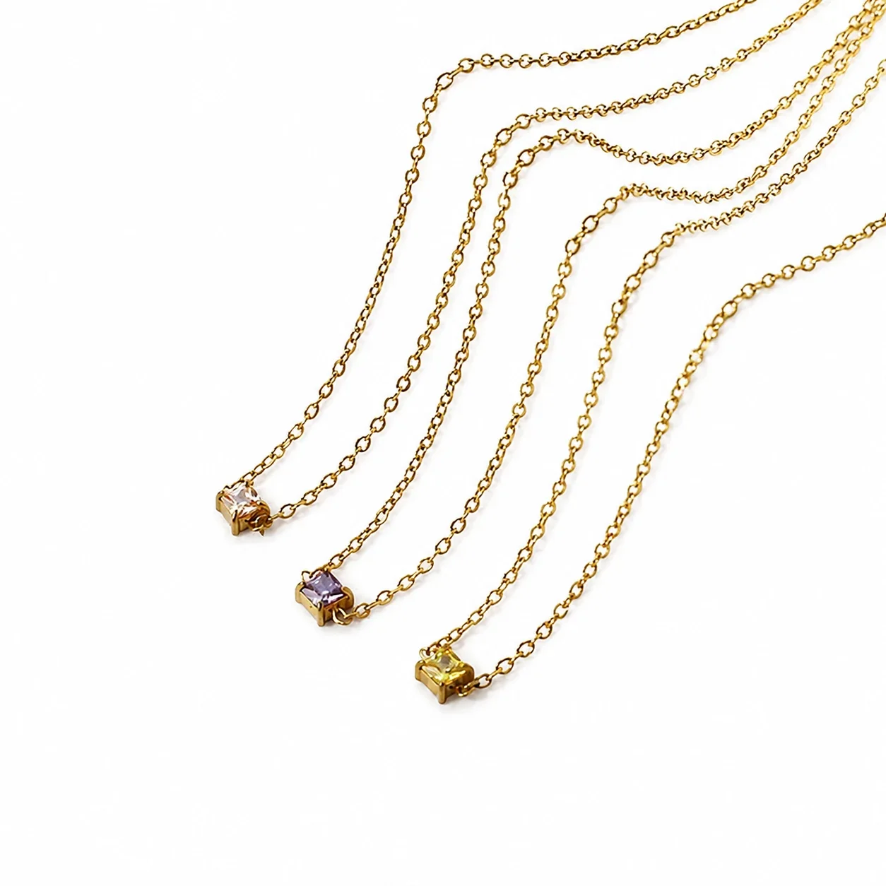 Pendant Necklace Square-Cut CZ 18K Gold-Plated Steel