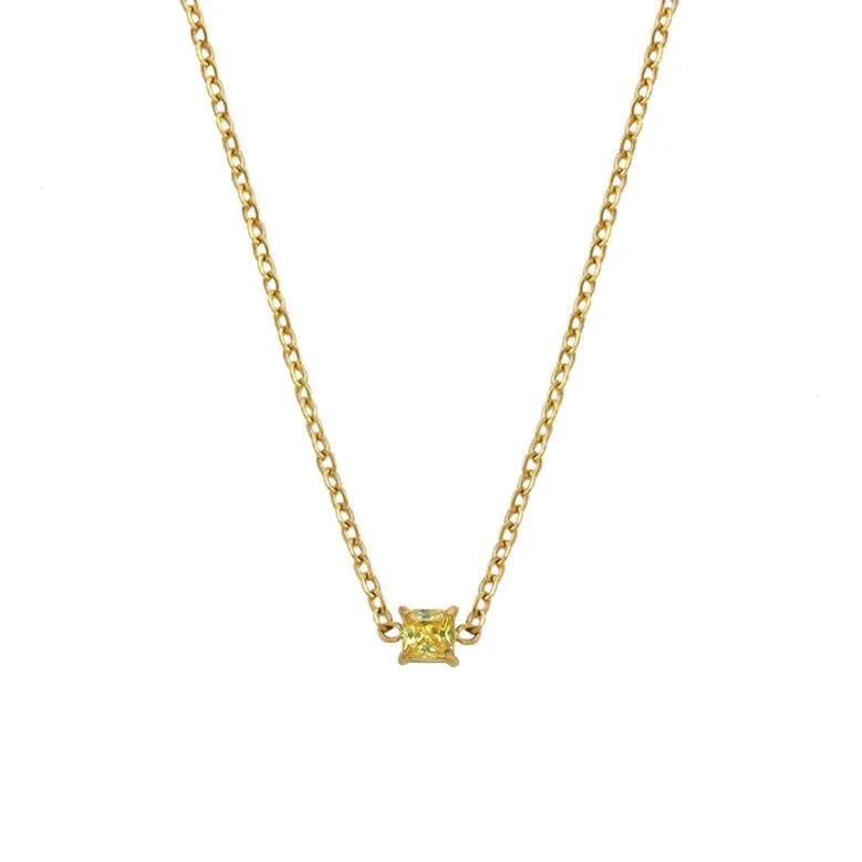 Pendant Necklace Square-Cut CZ 18K Gold-Plated Steel - Gold Champagne CZ