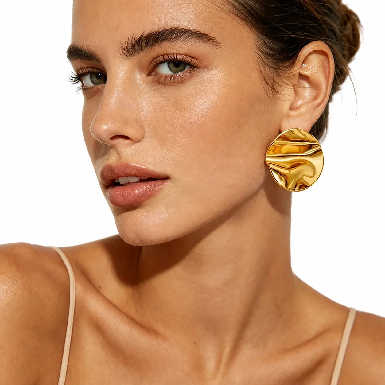 Sculptural Stainless Steel Crumpled Disc Stud Earrings