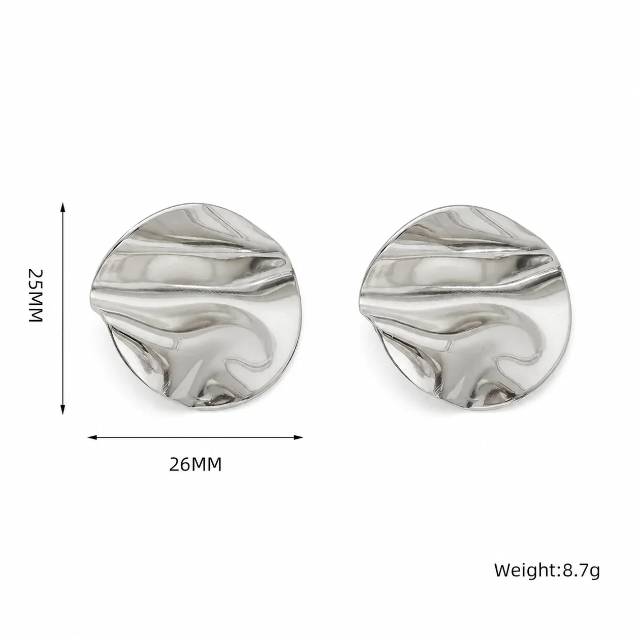 Sculptural Stainless Steel Crumpled Disc Stud Earrings - Silver