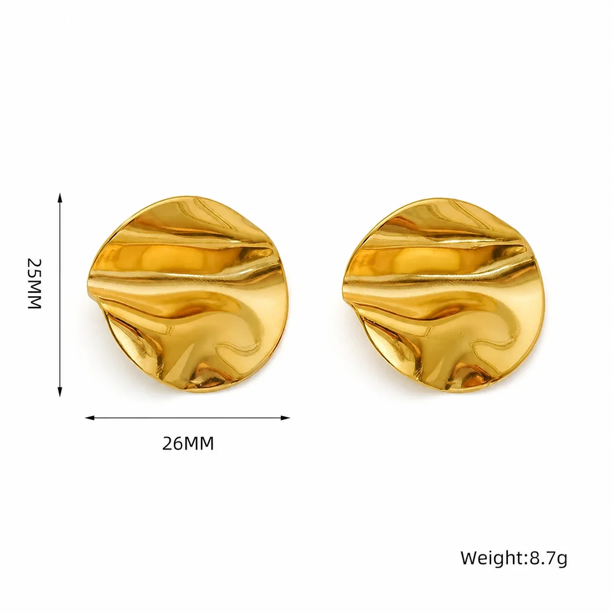 Sculptural Stainless Steel Crumpled Disc Stud Earrings - Gold