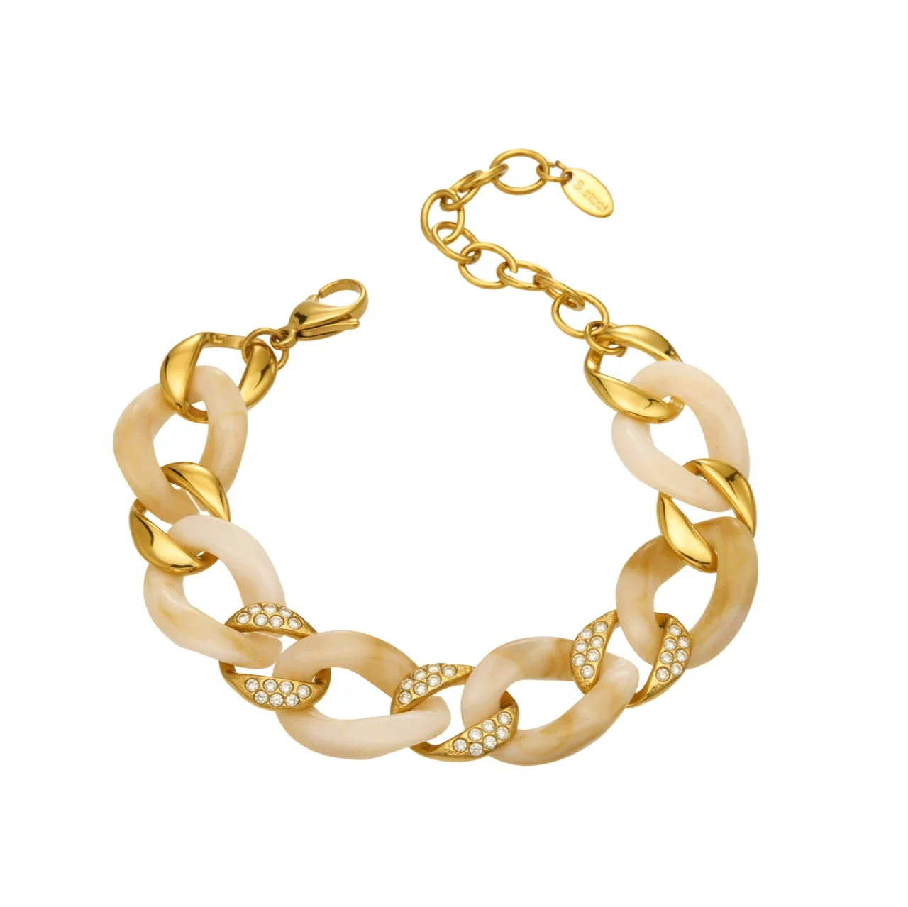 Pulseira Cubana com Elos de Resina e Cristais, Aço Inoxidável 316 Banhado a Ouro