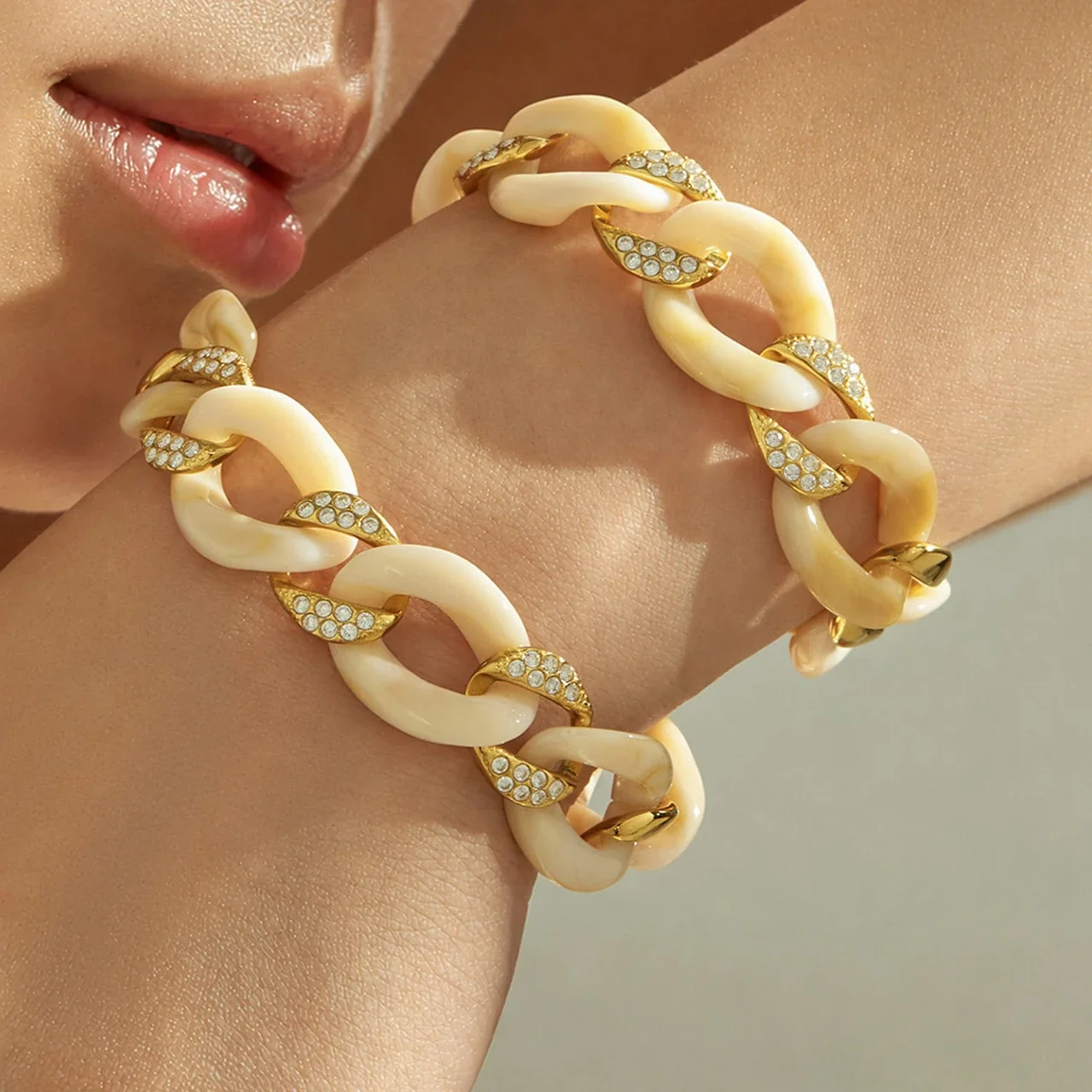 Cuban Bracelet, Resin & Crystal Links, Gold-Plated 316 Stainless Steel