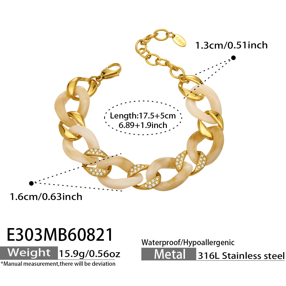 Cuban Bracelet, Resin & Crystal Links, Gold-Plated 316 Stainless Steel - Dimensions