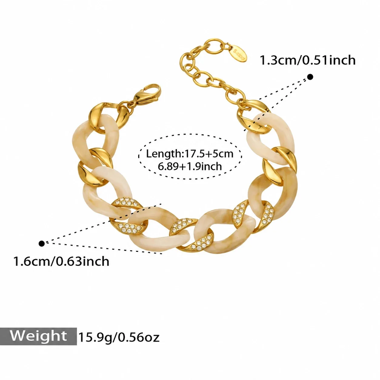 Cuban Bracelet, Resin & Crystal Links, Gold-Plated 316 Stainless Steel - Gold 17.5+5 cm