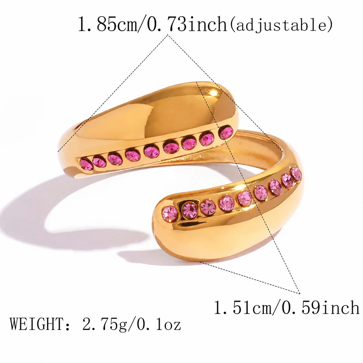Open ring met druppeluiteinden en kristalrijen, roestvrij staal Gold PVD productfoto