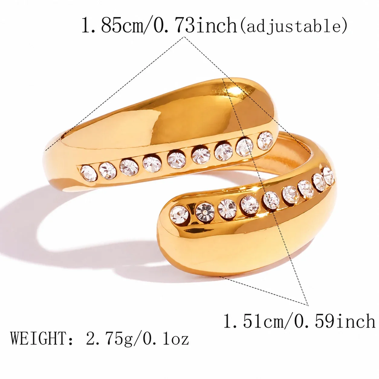 Open ring met druppeluiteinden en kristalrijen, roestvrij staal Gold PVD productfoto