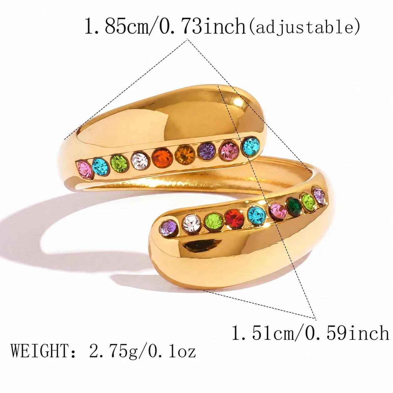 Open ring met druppeluiteinden en kristalrijen, roestvrij staal Gold PVD productfoto