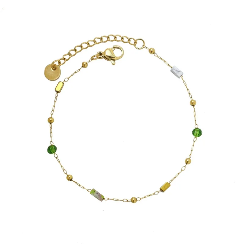 Chain Bracelet with Green Crystal Beads Gold-Plated Stainless Steel