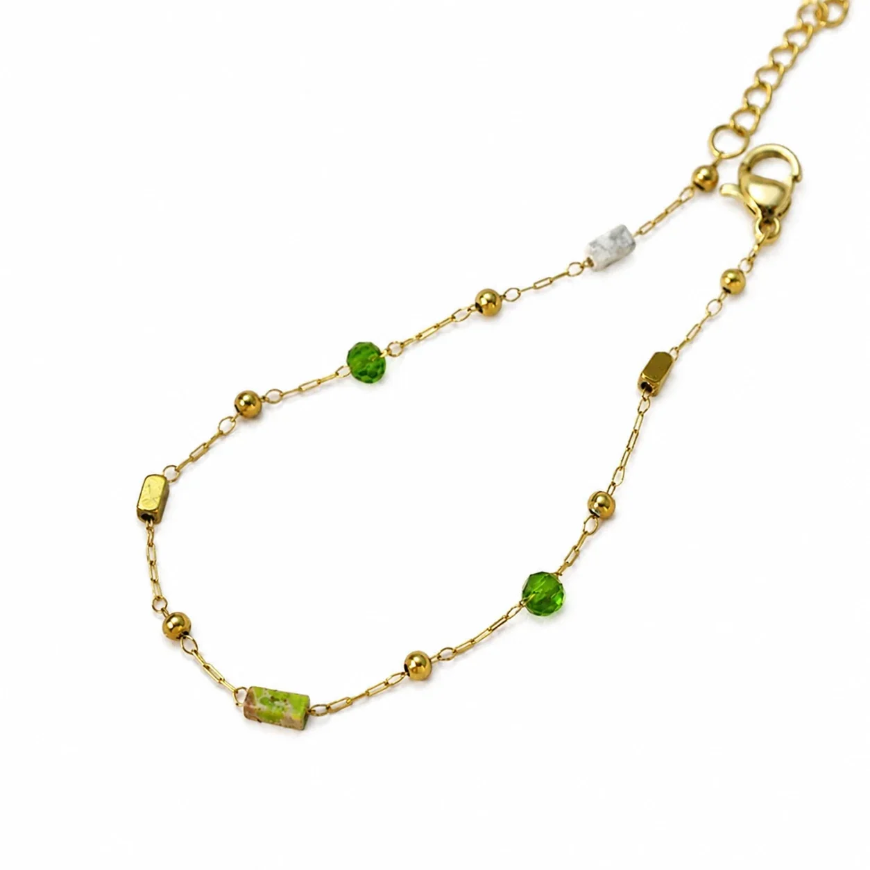 Chain Bracelet with Green Crystal Beads Gold-Plated Stainless Steel