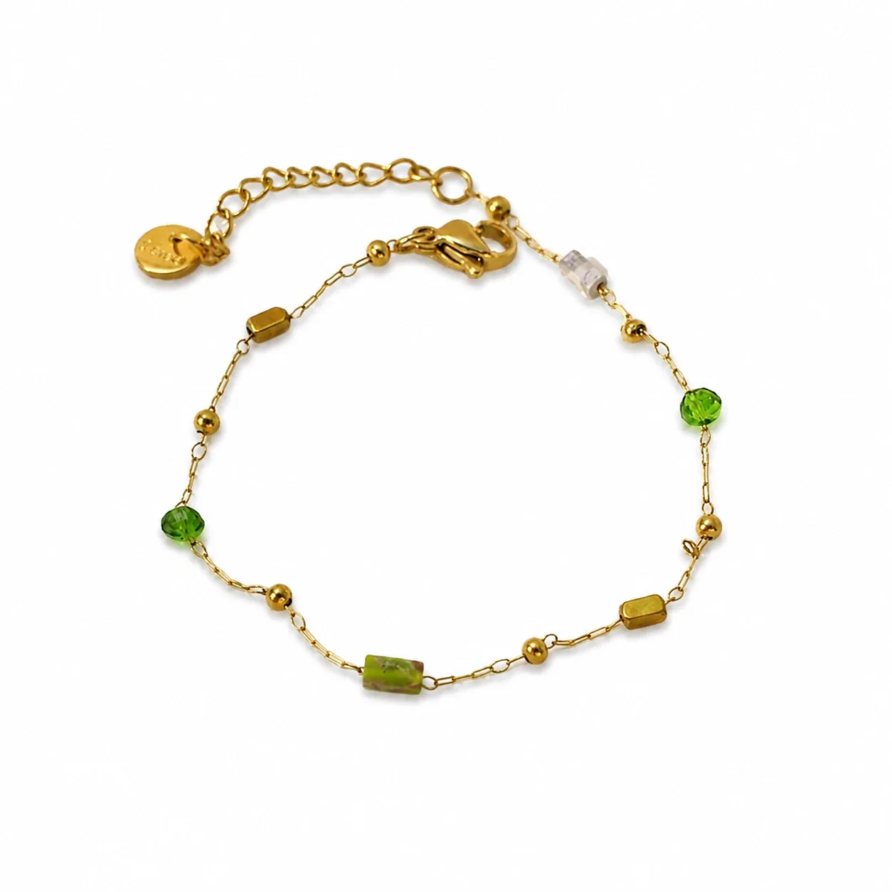 Chain Bracelet with Green Crystal Beads Gold-Plated Stainless Steel