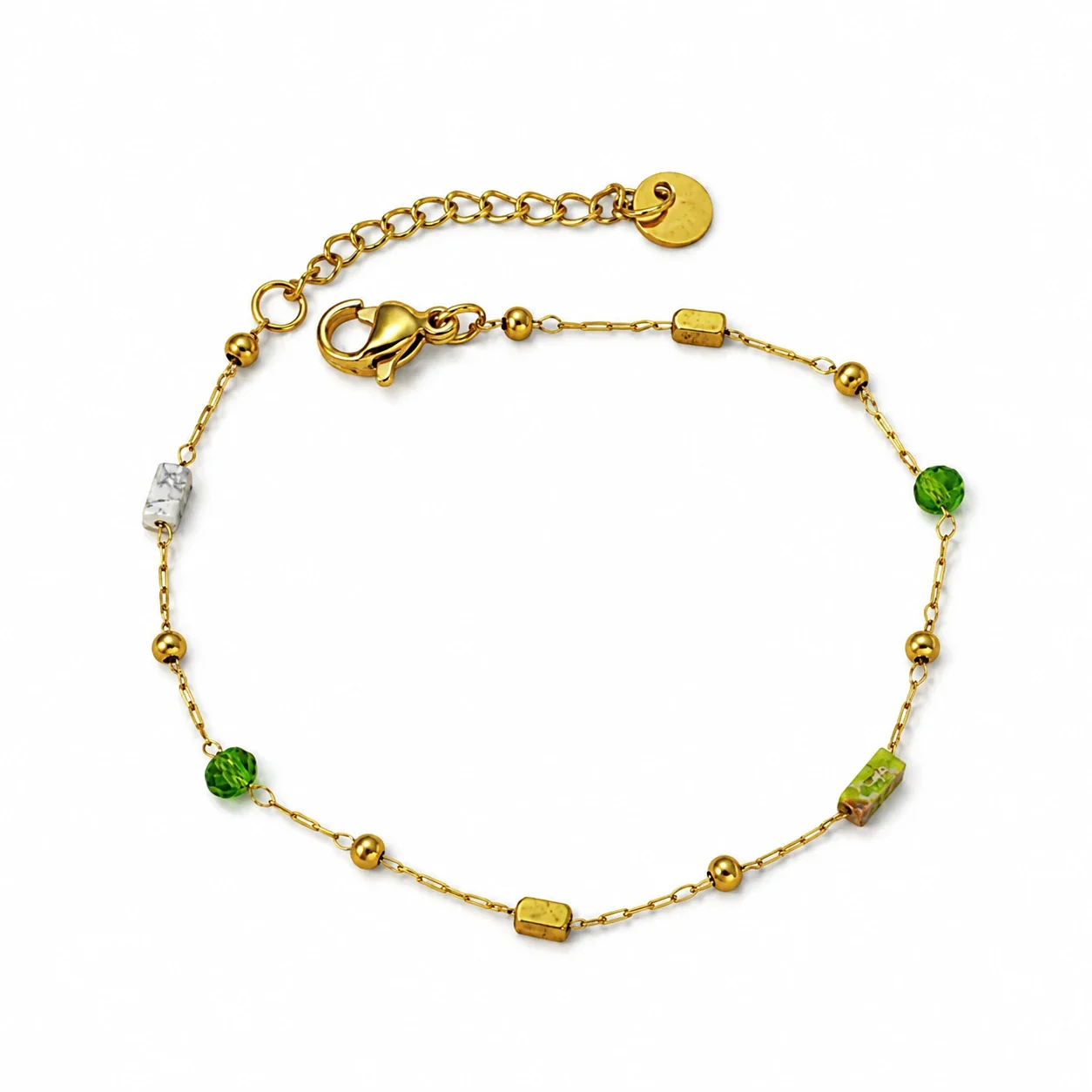 Chain Bracelet with Green Crystal Beads Gold-Plated Stainless Steel